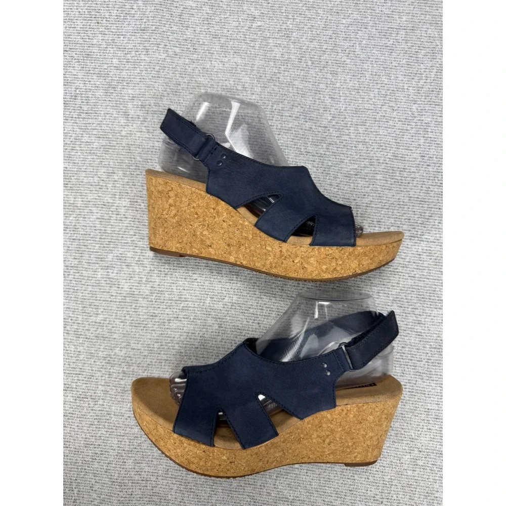 Clarks Collection Navy Blue Leather Cork Wedge Sandals‎ Womens 9.5 M